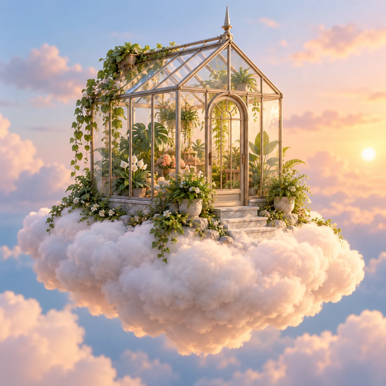 A miniature glass greenhouse filled with plants rests on a floating cloud in a softly lit 3D scene.