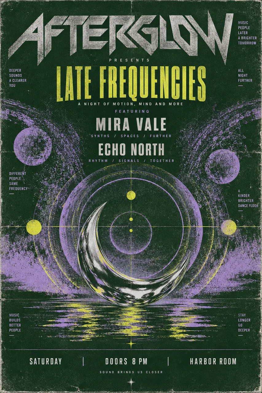 Portrait original 1990s electronic-music event poster, one cohesive design. Deep forest-green background with electric lavender and acid-yellow abstract concentric circles, coarse photocopy texture and subtle offset ink