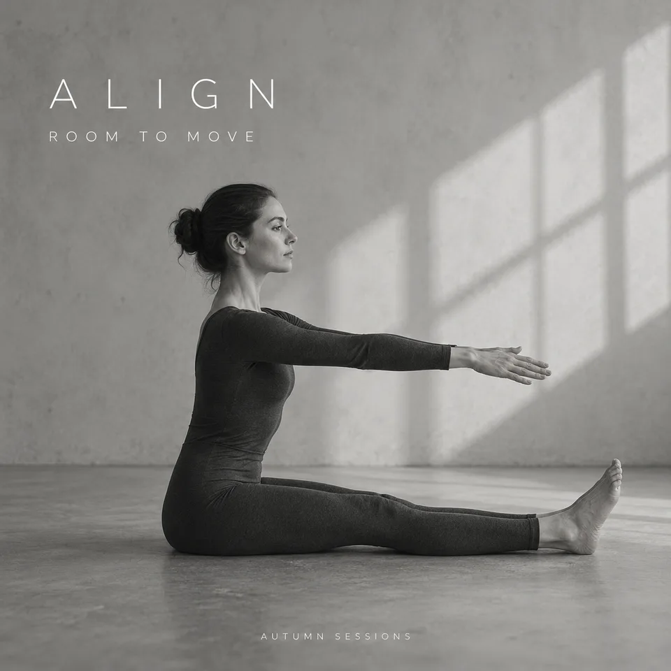 Square monochrome movement-studio campaign: one adult woman in plain charcoal long-sleeved leotard and leggings sits upright on grey floor in side profile, arms extended forward in a controlled stretch. Accurate anatomy, minimal mottled wall, broad soft window light, natural shadows and film grain