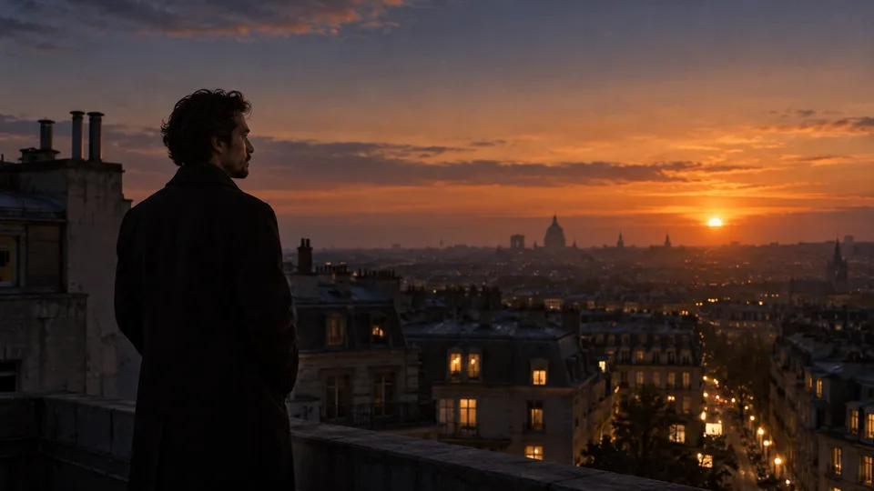 Landscape cinematic film still of an original adult person in a dark coat on a quiet rooftop at sunset, warm city windows below, low haze, amber rim light and cool indigo sky. Wide composed shot, subtle grain, real architecture, reflective contemplative mood