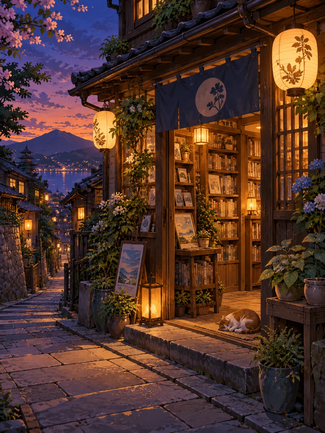 A lantern-lit bookshop on a Japanese-inspired street at dusk, with a cat resting beside the entrance.