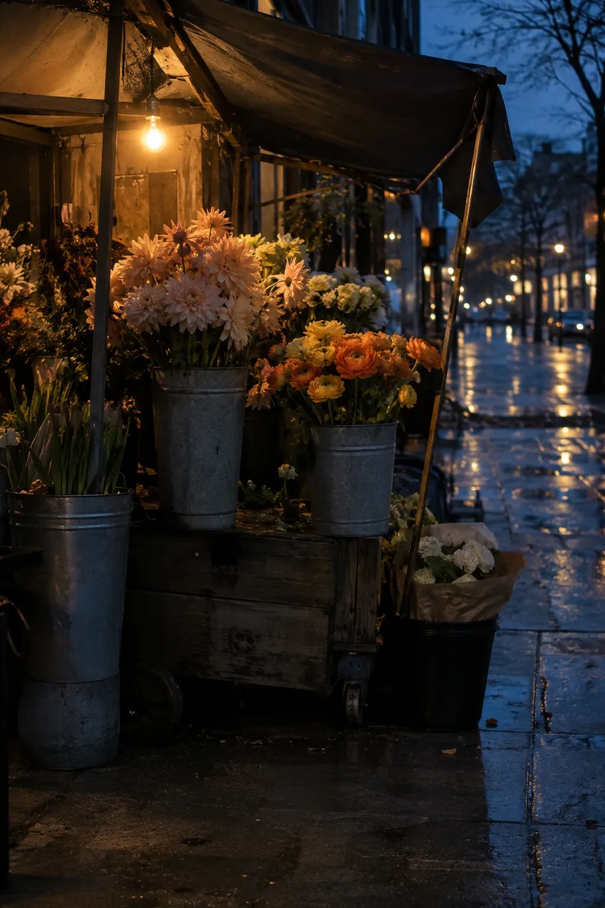 Portrait real street photograph of a small fictional flower stall closing at dusk, buckets of pale dahlias and orange ranunculus under a warm bare bulb, cool blue pavement reflections, no people. Atmospheric fine film grain, realistic stems and weathered surfaces, no readable signage or brands.
