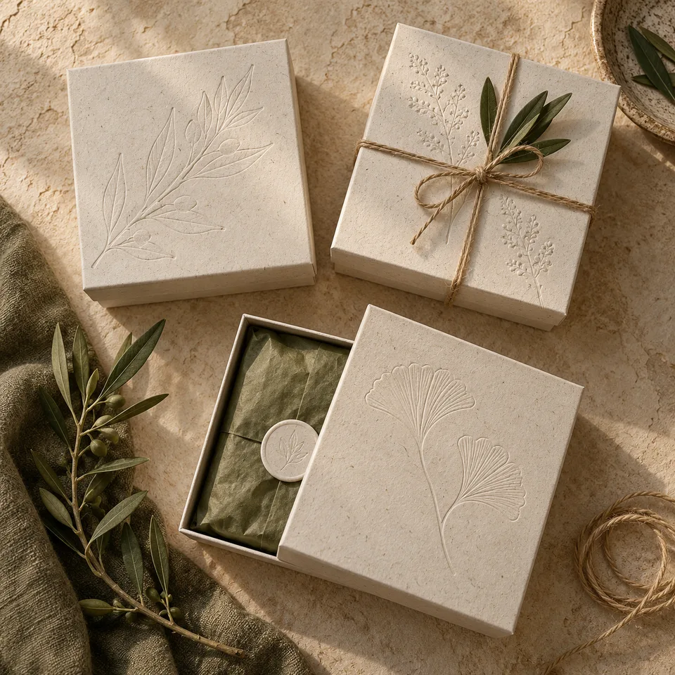 Square overhead packaging concept photo: three original unbranded cream paper boxes with subtle blind-embossed botanical patterns, olive tissue and jute twine on warm plaster. Soft morning light, visible recycled paper fibers, restrained editorial arrangement