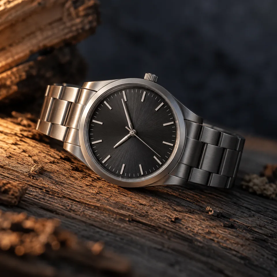 Square macro campaign photograph of an original unbranded stainless wristwatch on rough cedar, charcoal dial with minimal markers, warm side light and cool shadow, sharp brushed steel and subtle grain, simple premium composition with ample negative space. No recognizable watch design, words or logos.