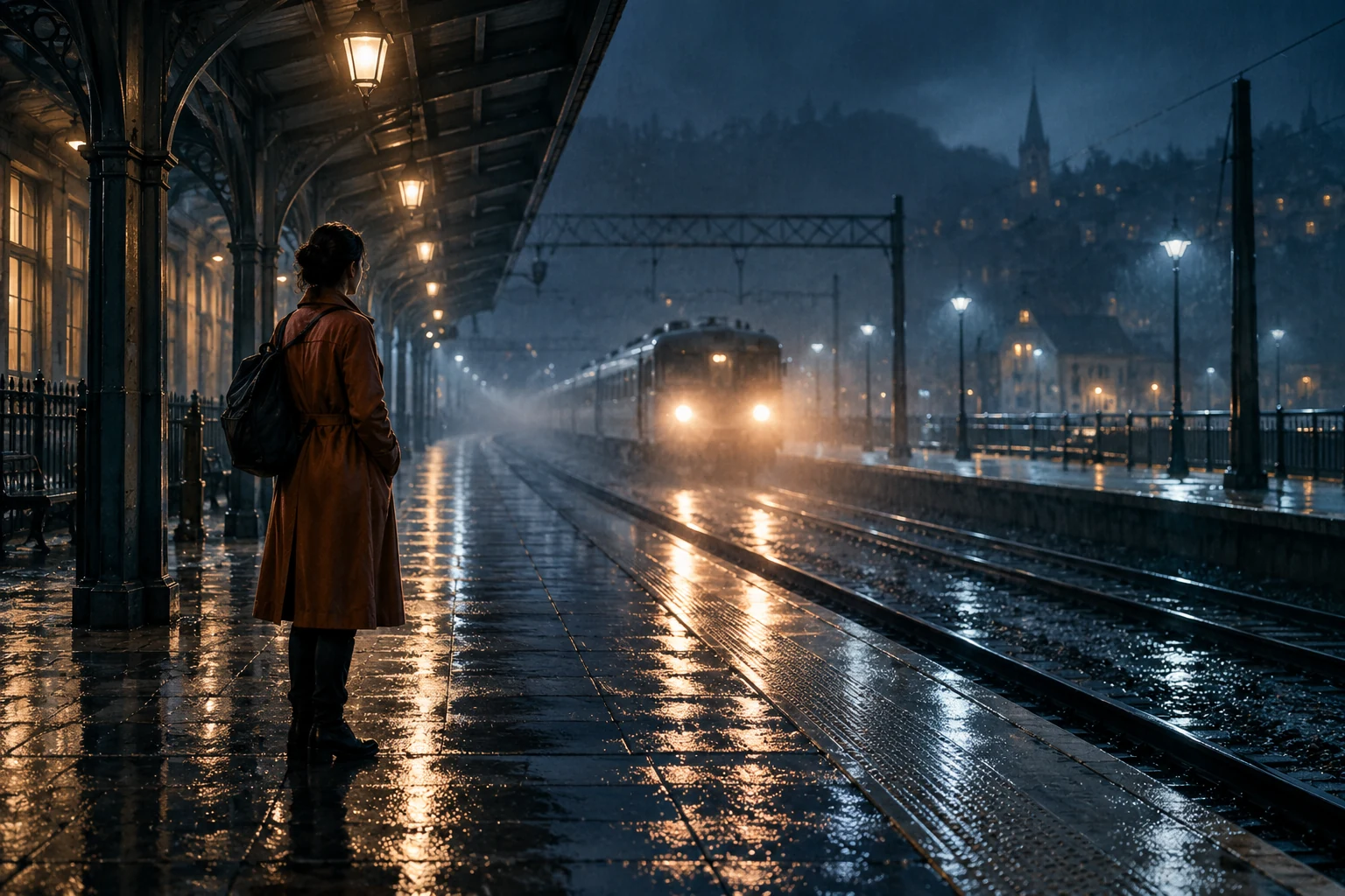 A traveler in a copper coat waits on a rain-soaked platform as a train approaches through the night.
