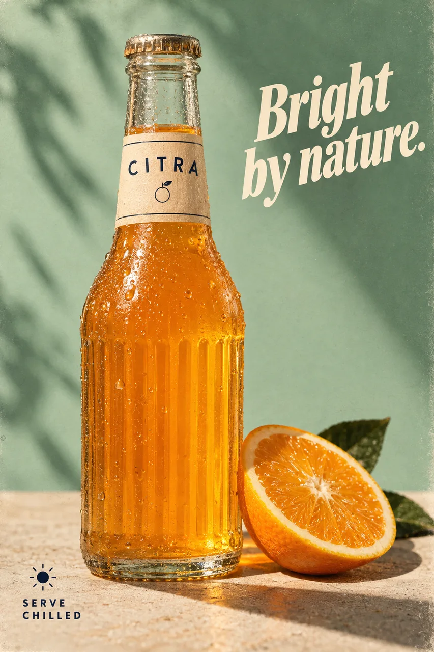 Portrait retro beverage poster: original short ribbed clear glass bottle of amber-orange soda on muted mint background, ivory paper neck band CITRA. One sliced orange at base, strong afternoon sun and authentic condensation
