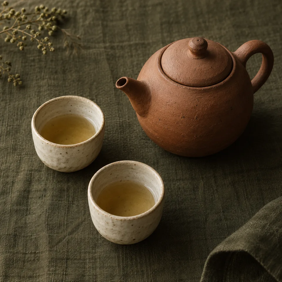 Square photograph of an original matte terracotta teapot and two small cream cups on a dark olive linen surface, soft overhead window light, natural handmade ceramic marks and gentle shadows. Minimal balanced arrangement, warm tactile analogue quality