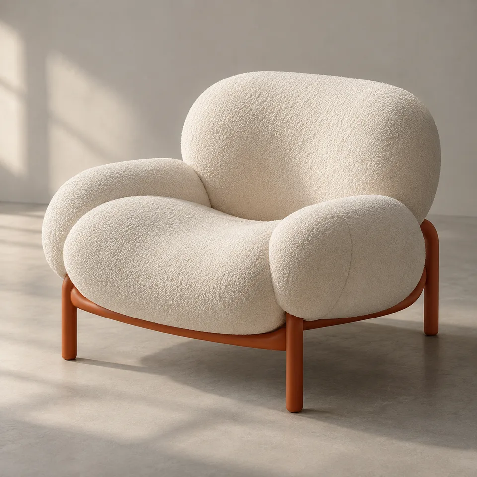 Square high-end 3D furniture concept: original low chair formed from soft ivory cloud-like upholstery and slim burnt-orange tubular base on pale grey studio floor. Realistic boucle fibers, gentle window light, physical contact shadow, clean three-quarter framing
