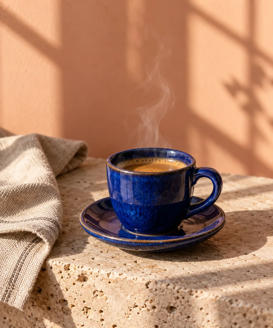 Portrait studio photograph of an unbranded cobalt ceramic espresso cup on a travertine slab, steam curling in morning light. One folded oat linen napkin, pale apricot backdrop, directional window shadows and fine analog grain
