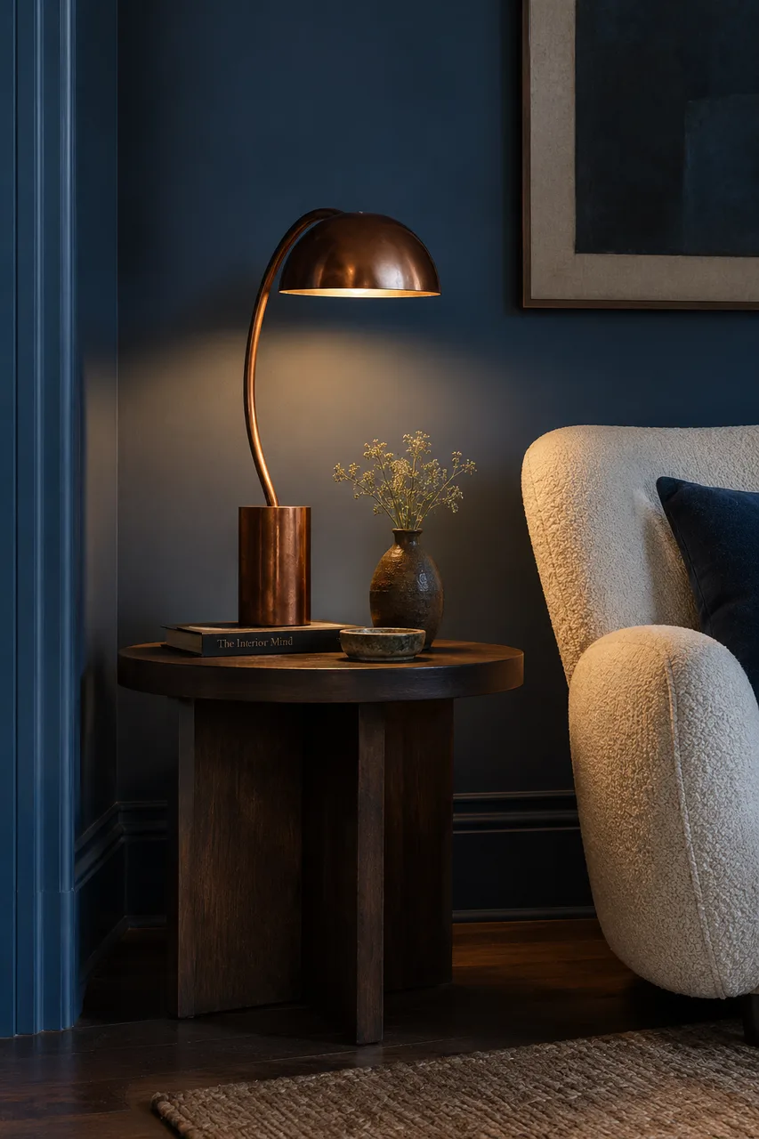 Portrait interior editorial: original sculptural copper reading lamp on a dark oak side table in a muted cobalt room, cream upholstered chair partly visible, warm pool of light against cool matte walls, realistic patina and wood grain, calm evening atmosphere. No people or logos.