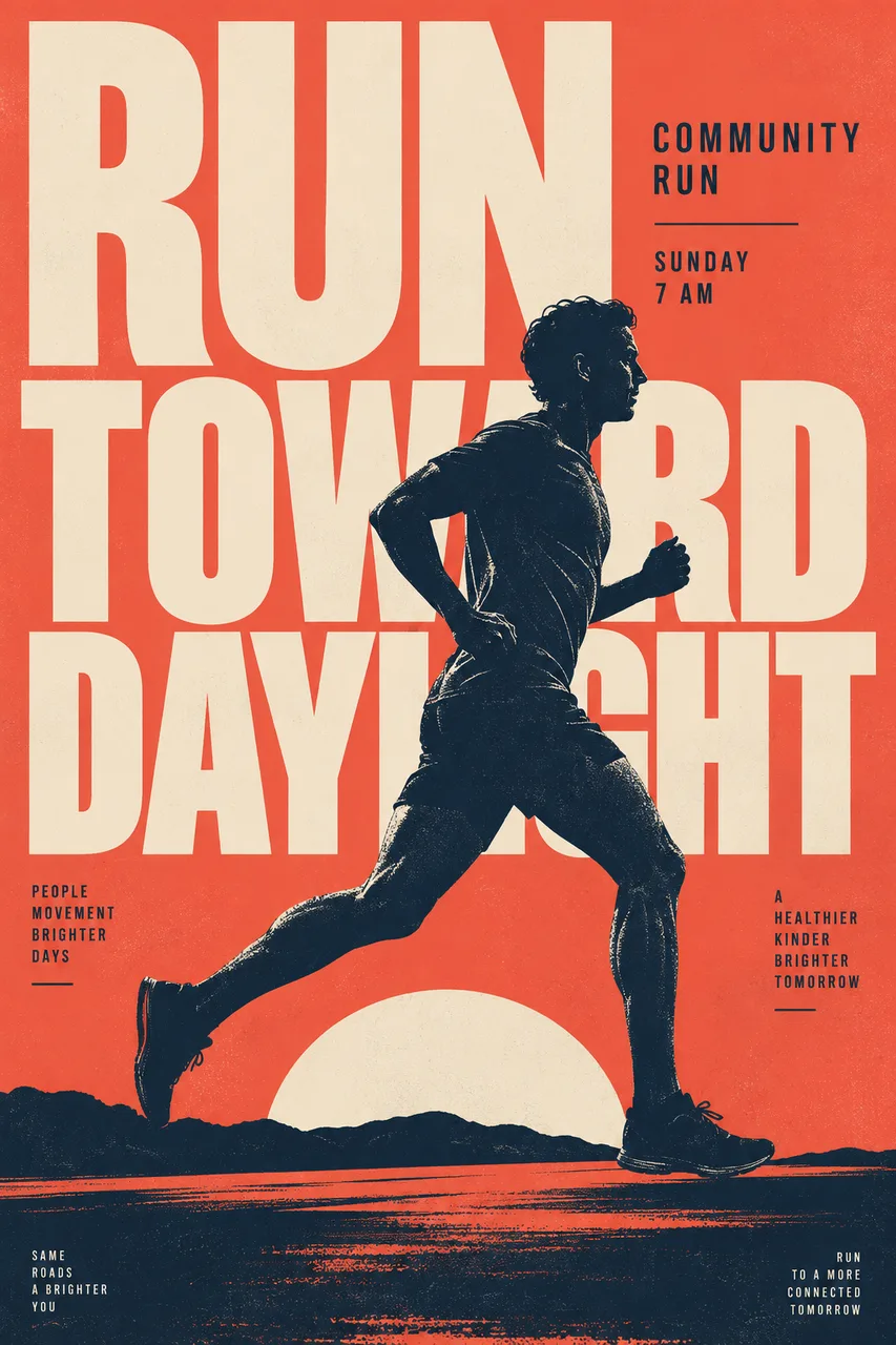 Portrait contemporary sports poster with an original side-profile adult runner in navy silhouette cutting across giant cream typography on coral. Words RUN TOWARD DAYLIGHT / COMMUNITY RUN / SUNDAY 7 AM