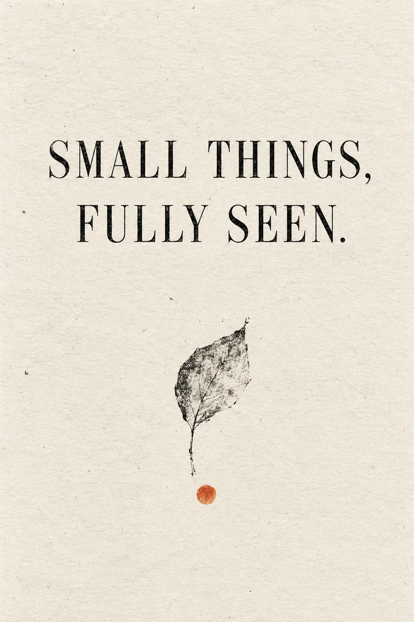 Portrait minimalist typography poster on textured cream paper, sharp black high-contrast serif SMALL THINGS, / FULLY SEEN. Below a tiny abstract ink sketch of one leaf and a subtle vermilion dot