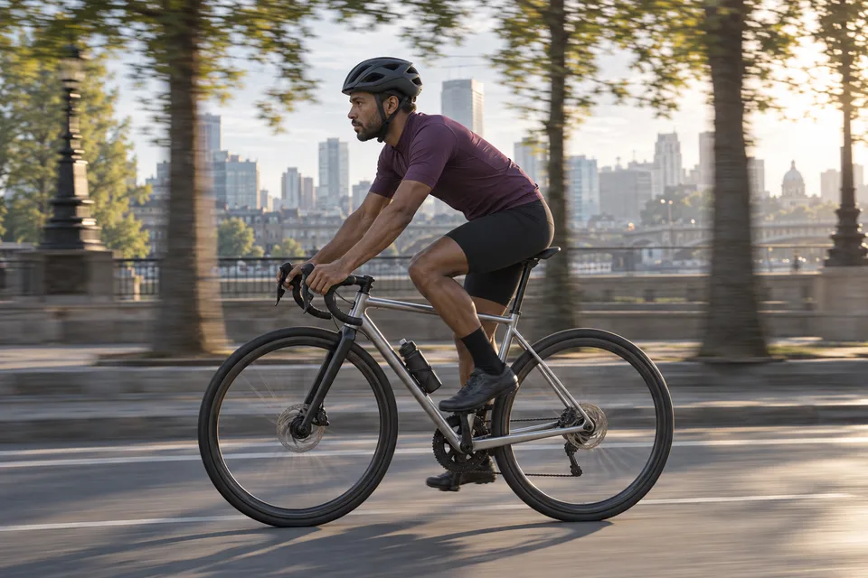 Portrait editorial sports photo of an original adult male with medium-brown skin riding an unbranded silver bicycle leftward through a tree-lined city street. Plain muted-plum jersey and black shorts, natural accurate posture