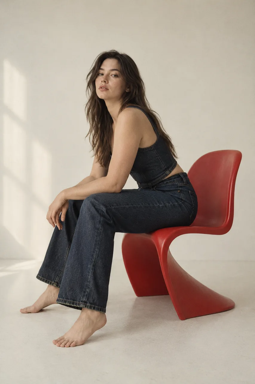 Portrait original adult model in plain dark indigo denim seated sideways on a sculptural red chair in an empty cream studio. Natural relaxed posture, full figure visible, sharp chair lines, soft side light and analogue texture