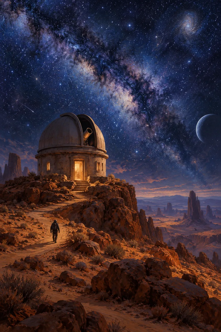 Portrait original painted concept art of a small circular observatory on rust desert rocks beneath an enormous star-filled indigo sky. Warm doorway light, winding sand path, painterly brushwork and luminous depth, tiny adult explorer for scale