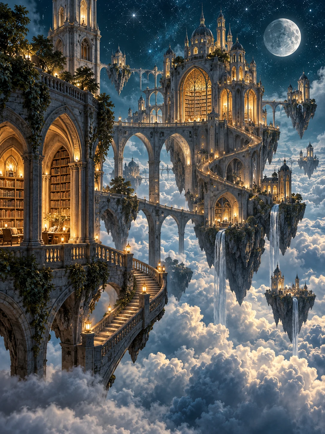 A fantasy library of stone arches, glowing windows, and winding stairs floats above moonlit clouds.