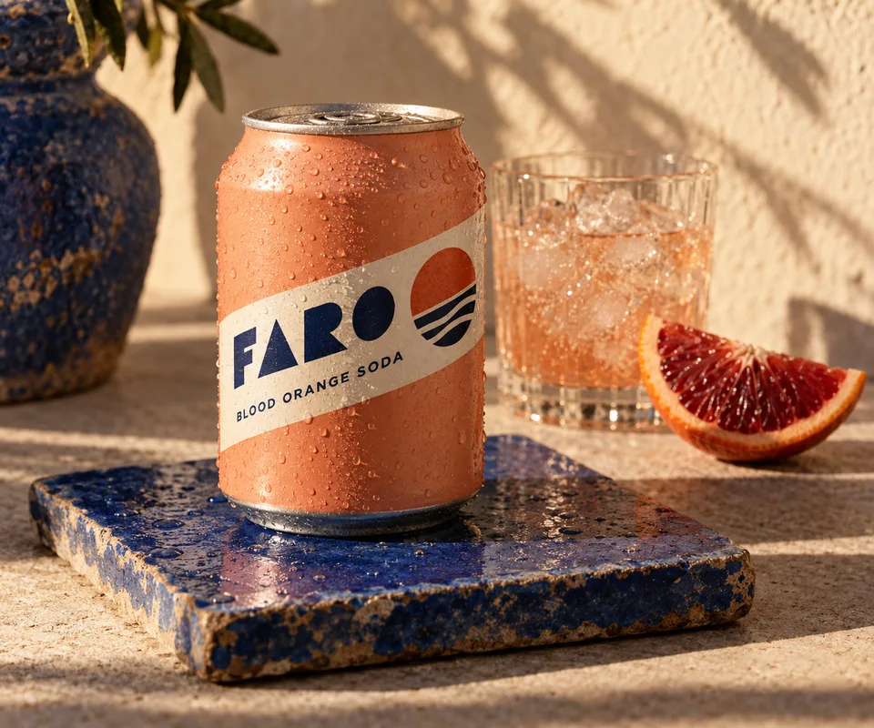 Portrait premium sparkling beverage photo: original short wide peach aluminum can resting on rough cobalt ceramic tile, realistic cold droplets. Navy geometric FARO / BLOOD ORANGE SODA on narrow ivory diagonal label