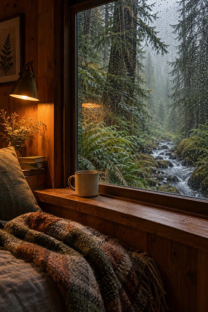 Portrait editorial interior photograph of a small fictional cedar cabin window overlooking a rain-soaked fern forest, cream mug on sill, amber reading light and cosy wool throw. Real wet glass reflections, soft forest mist and subtle film grain, quiet lived-in atmosphere