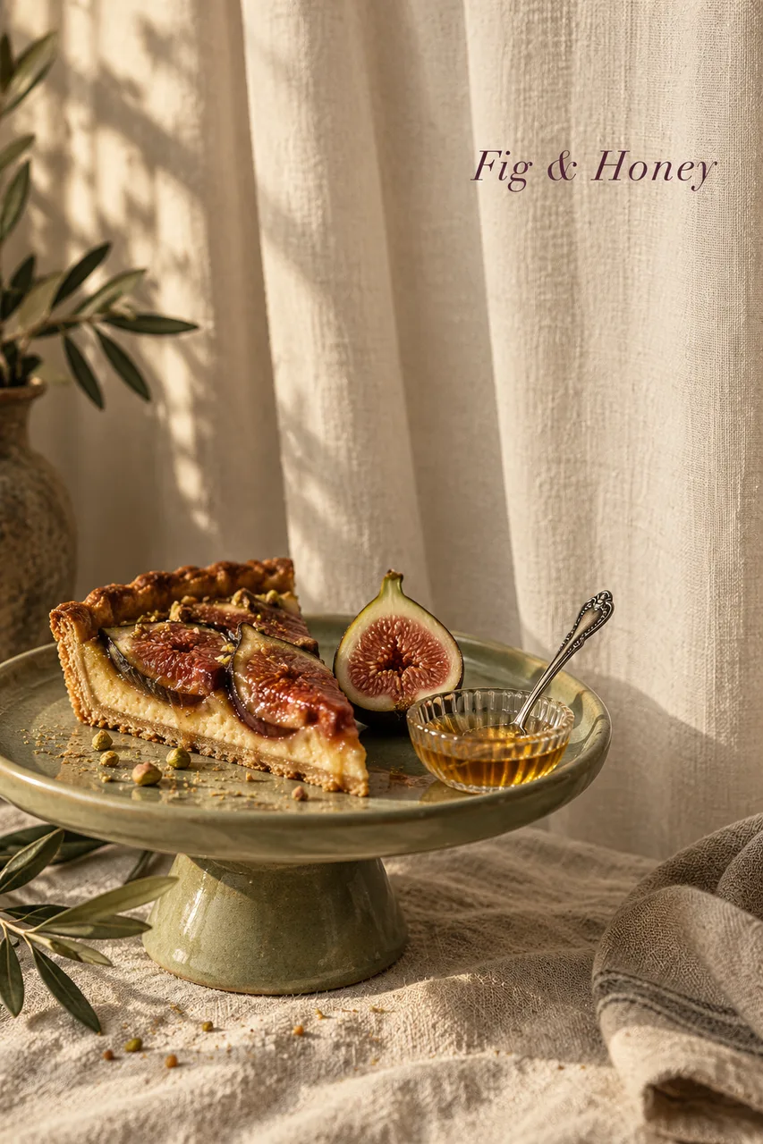 Tall portrait luxury food still life. Soft ivory linen curtain behind a low pale-green ceramic pedestal at lower-left