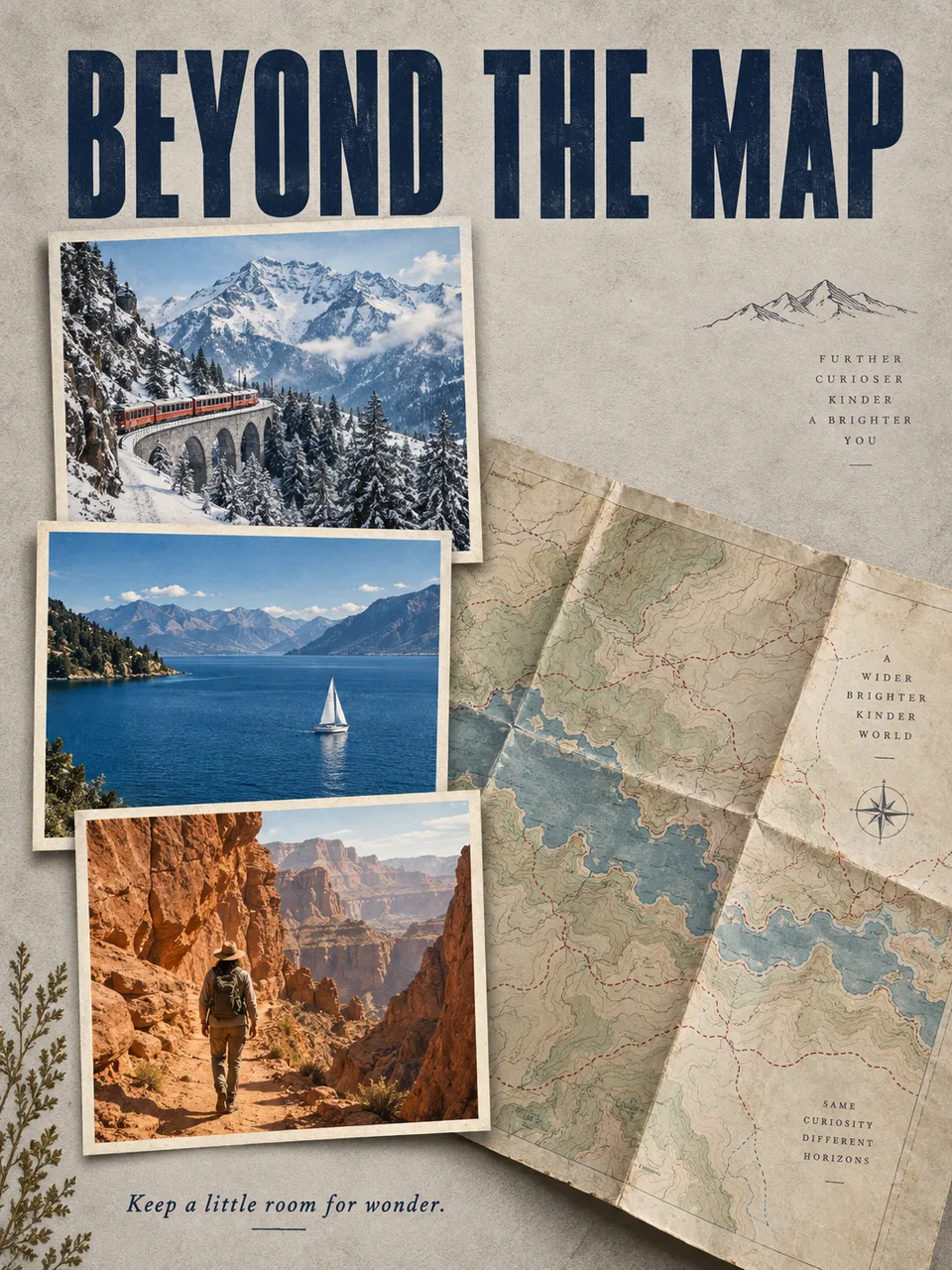 Portrait 3:4 editorial travel collage. A folded paper map lies across lower-right on textured warm-grey canvas