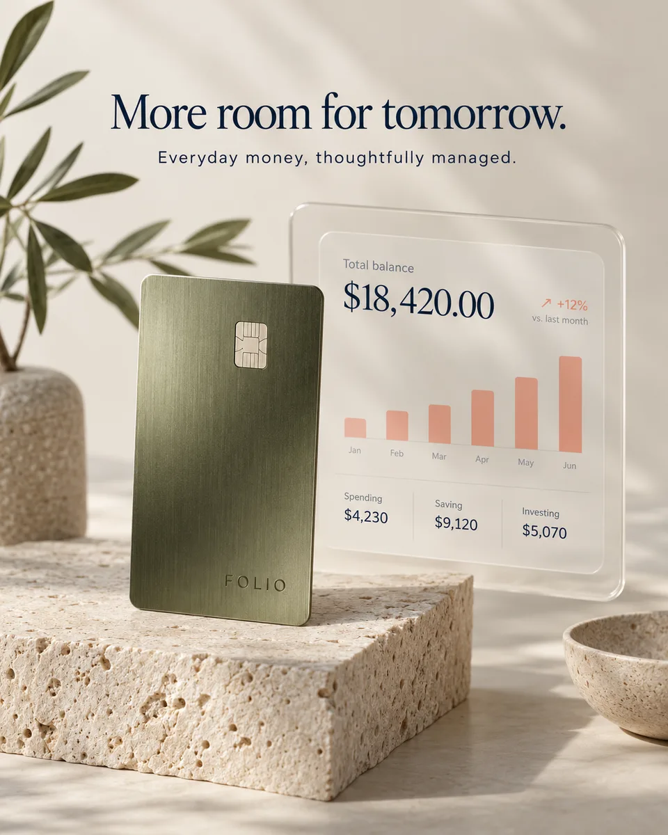 Portrait 4:5 premium fintech render on soft cream, not dark neon. Original brushed olive-metal card stands upright on pale travertine, small engraved FOLIO