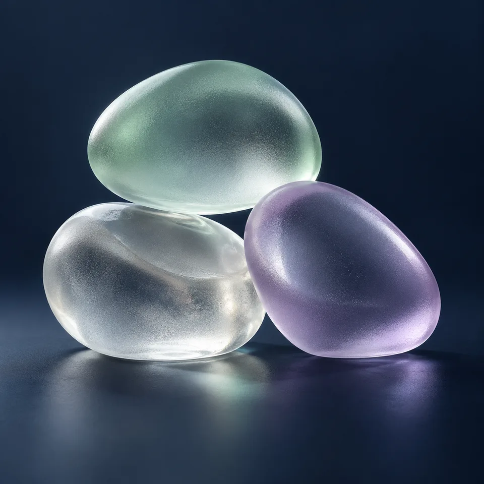Square abstract product render of three translucent frosted glass pebbles in pale mint, clear and lilac on a dark navy surface, accurate refraction and soft contact shadows, clean studio rim light. Sculptural modern composition, realistic glass, no text or interface.