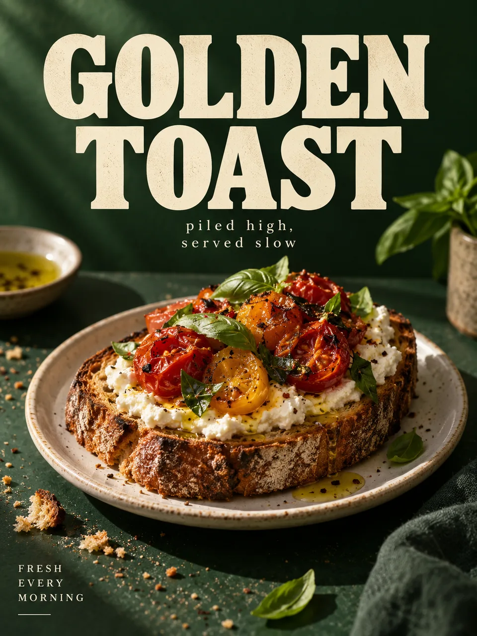 Portrait 3:4 dramatic food poster on deep forest-green. A rustic toast topped with ricotta, roasted tomatoes and basil rests on a small cream plate, not floating