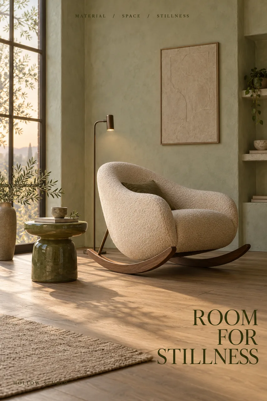Portrait furniture campaign in pale sage plaster room with warm oak flooring. Original sculptural cream-boucle rocking chair with walnut curved runners, low olive-glazed ceramic side table and one narrow reading lamp
