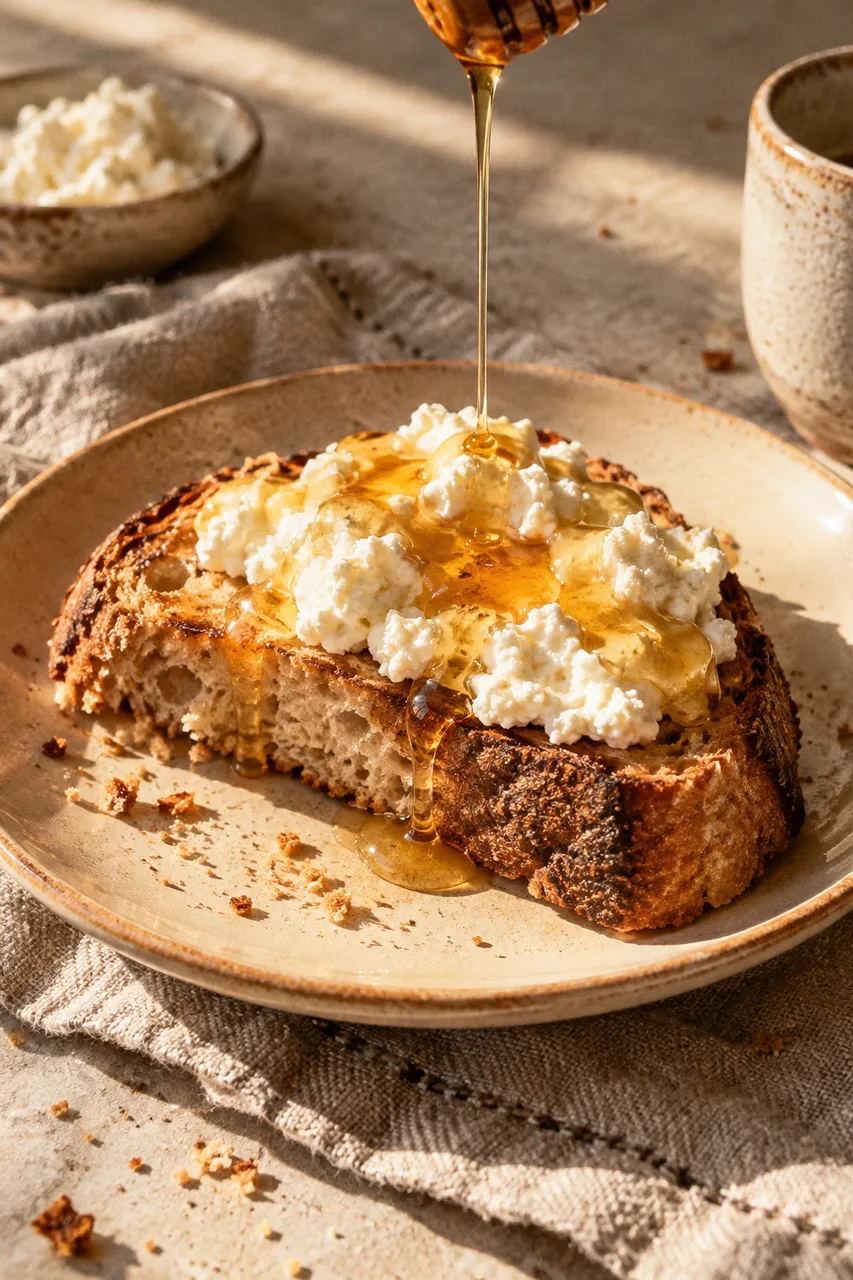 Portrait macro food campaign: thick toast with ricotta and honey on a warm cream ceramic plate, thin amber honey thread falling from a wooden dipper just outside frame. Natural crumbs, visible airy bread and sunlit gloss, rustic linen, hard morning light and film grain