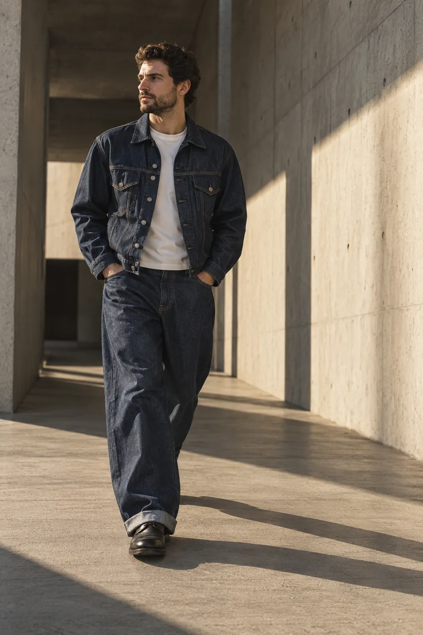 Portrait full-body fashion photograph of an original adult male in original indigo denim jacket and wide trousers walking through a minimal concrete corridor. Low sunlight makes long graphic shadows, natural denim folds and grain, calm architectural composition