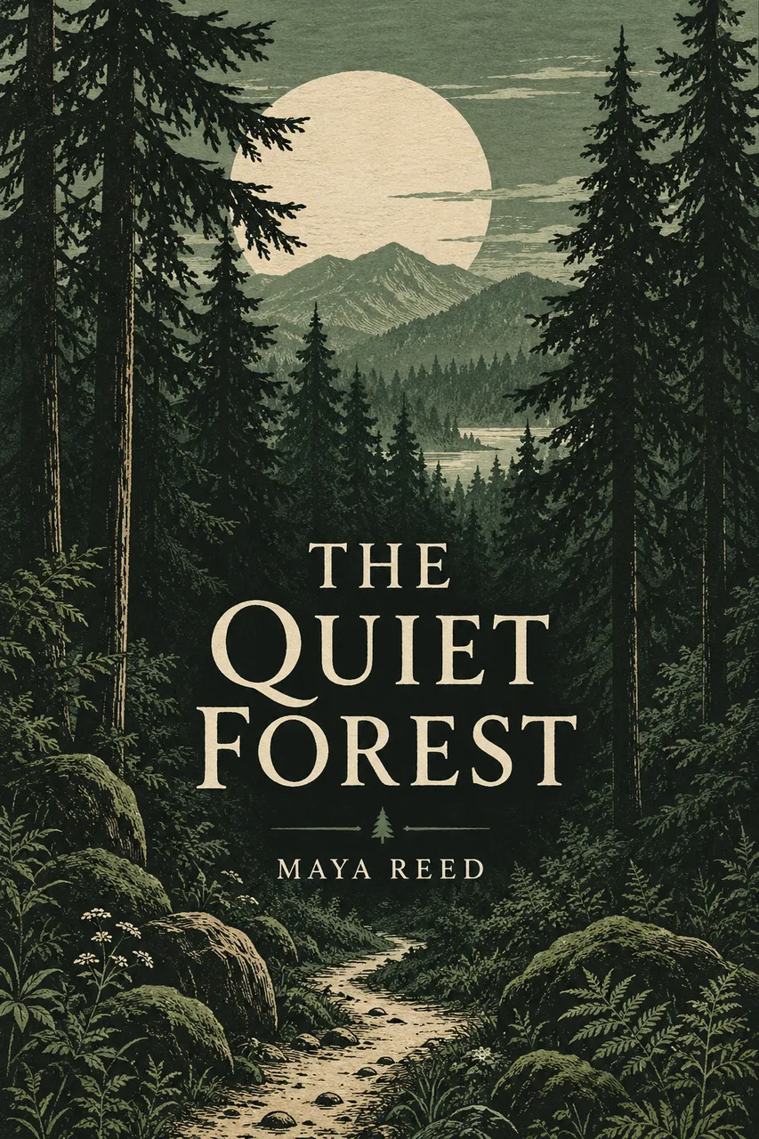 Portrait original book-cover illustration: layered ink-green fir trees around a pale moon and small winding path, cream paper texture, restrained woodcut lines and elegant negative space. Large cream serif THE QUIET FOREST, small MAYA REED below