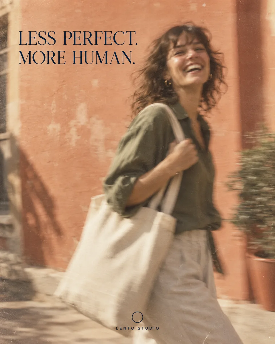 Portrait 4:5 editorial photo of an original adult woman laughing while carrying a canvas tote past a sunlit terracotta wall. Slight vertical camera shake blurs movement while warm human gesture remains readable