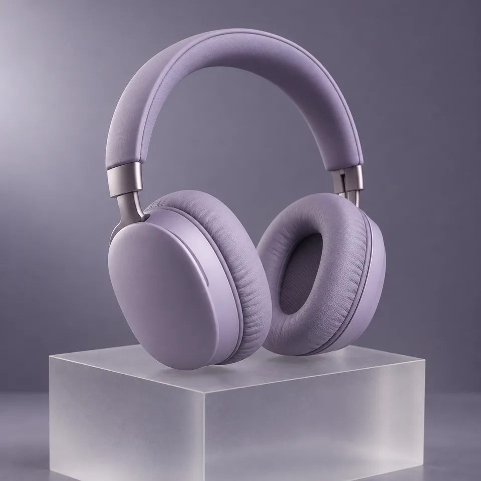 Square premium photograph of original matte lilac over-ear headphones resting naturally on a frosted acrylic block, violet-grey seamless background, soft left light, realistic cushions and subtle metal texture. Precise product geometry, no recognizable branded design, no text or logos.