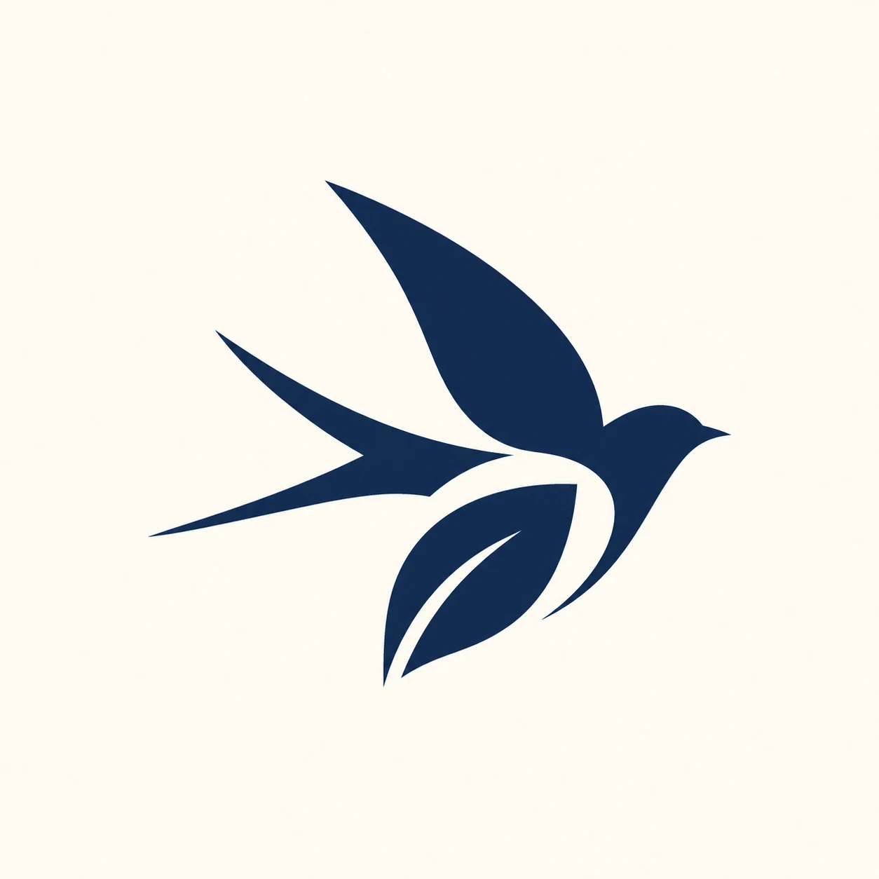 A geometric navy swallow and leaf symbol uses negative space on an ivory background.