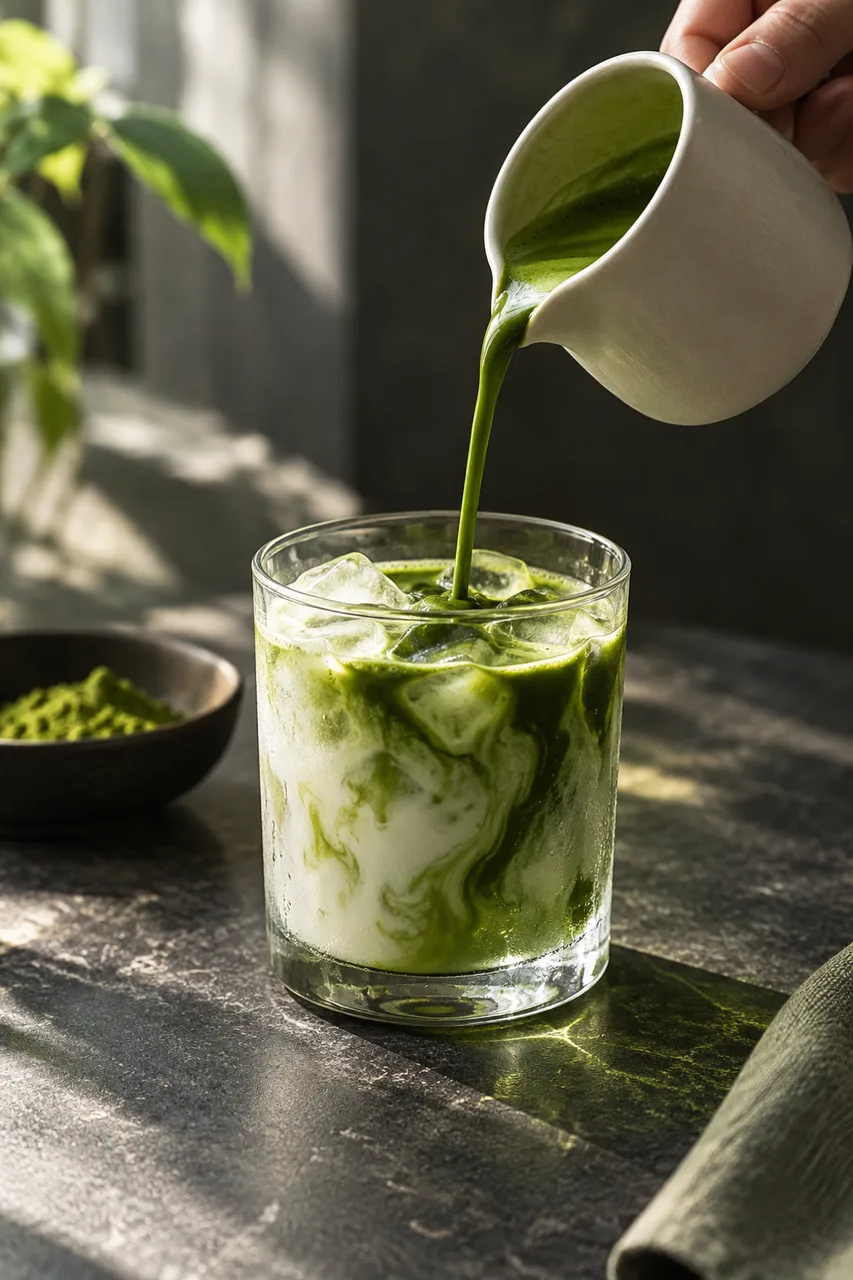 Portrait close beverage photograph of vivid matcha being poured from a small unbranded cream pitcher into a clear iced glass on dark stone. Natural liquid stream, ice refraction, condensation, soft morning side light and green reflected caustics