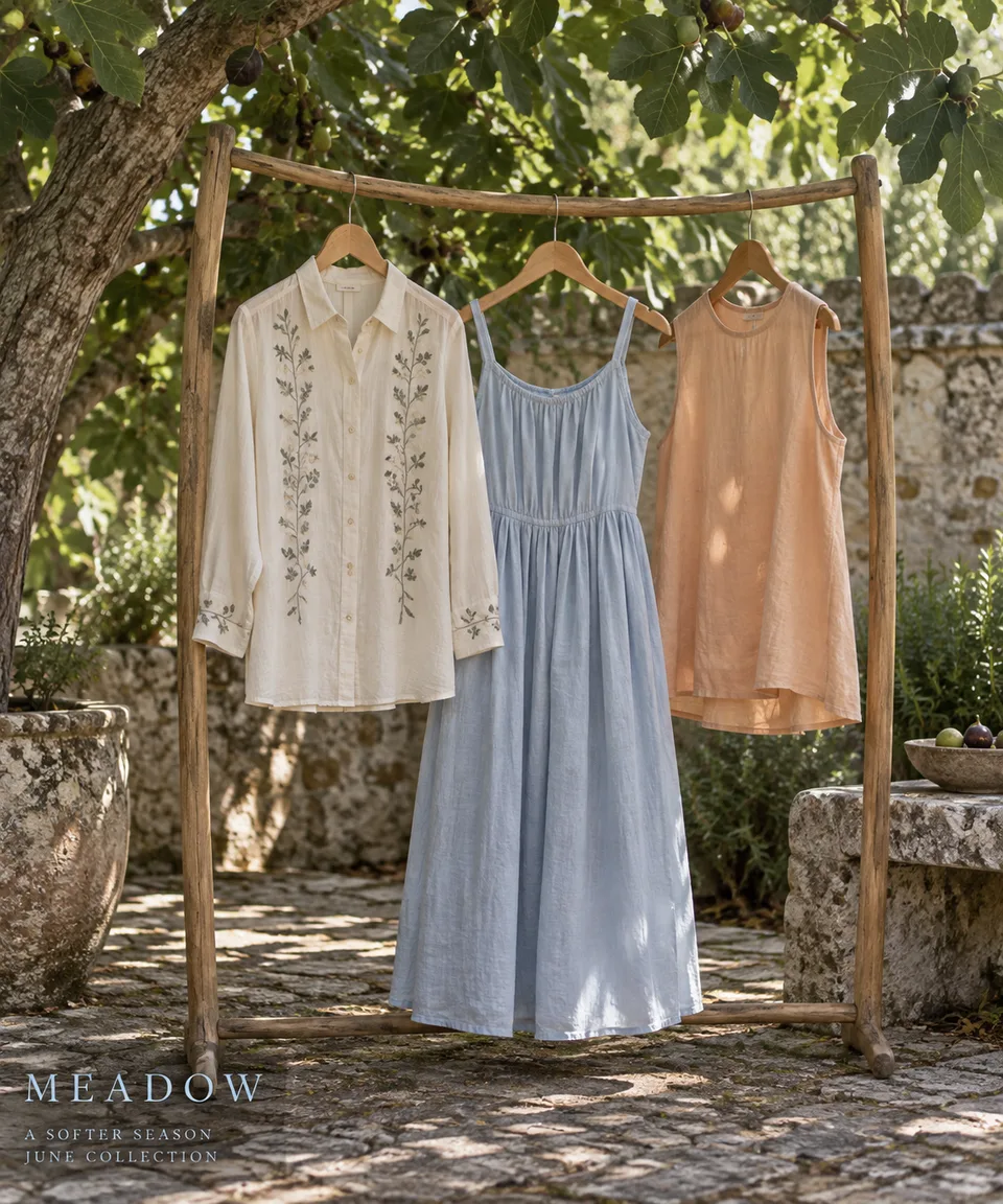 Portrait original clothing collection photographed on a simple curved wooden rack beneath a fig tree. Exactly three garments on wooden hangers: ivory embroidered cotton shirt, pale-blue gathered linen dress and soft apricot sleeveless tunic