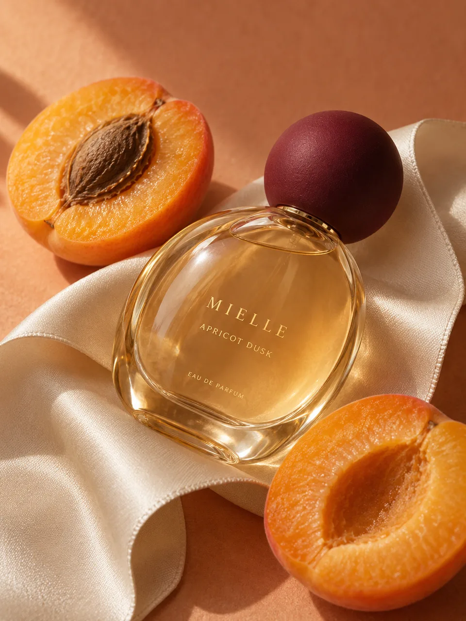 Portrait 3:4 premium fragrance still life. Original oval pale-amber glass bottle with matte burgundy spherical cap lies on a folded cream satin ribbon among two ripe apricot halves, not ice cream