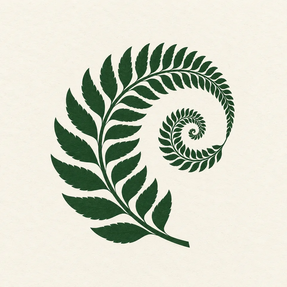 Square original brand-mark concept: a single deep-green geometric fern that forms a subtle letter-free spiral through negative space on warm ivory. Clean flat edges, balanced leaf rhythm, generous margins and understated paper grain
