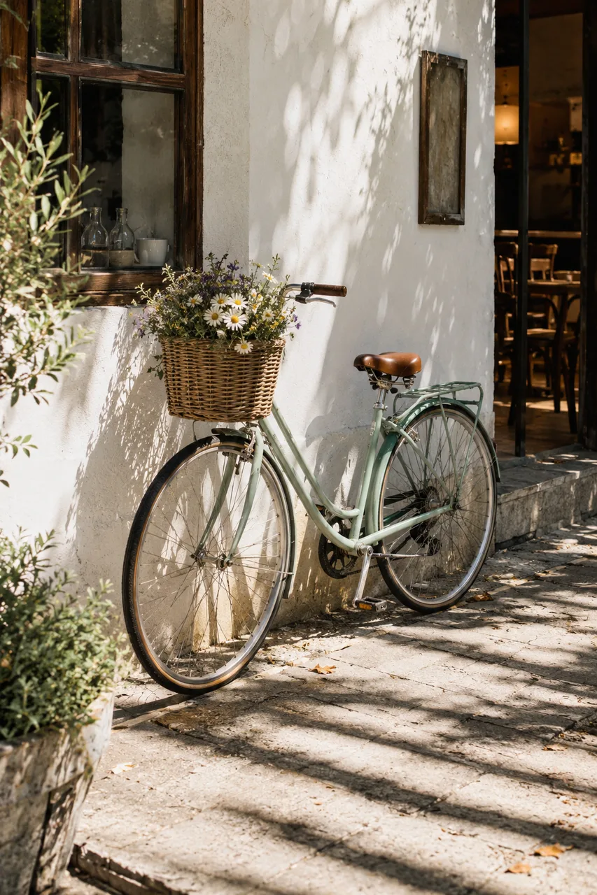 Portrait real-film lifestyle photo of an unbranded mint commuter bicycle resting beside a white plaster café wall, wicker basket with wildflowers, striped pavement shadows, warm morning sun, authentic worn materials and fine grain. No people, readable signage or logos.