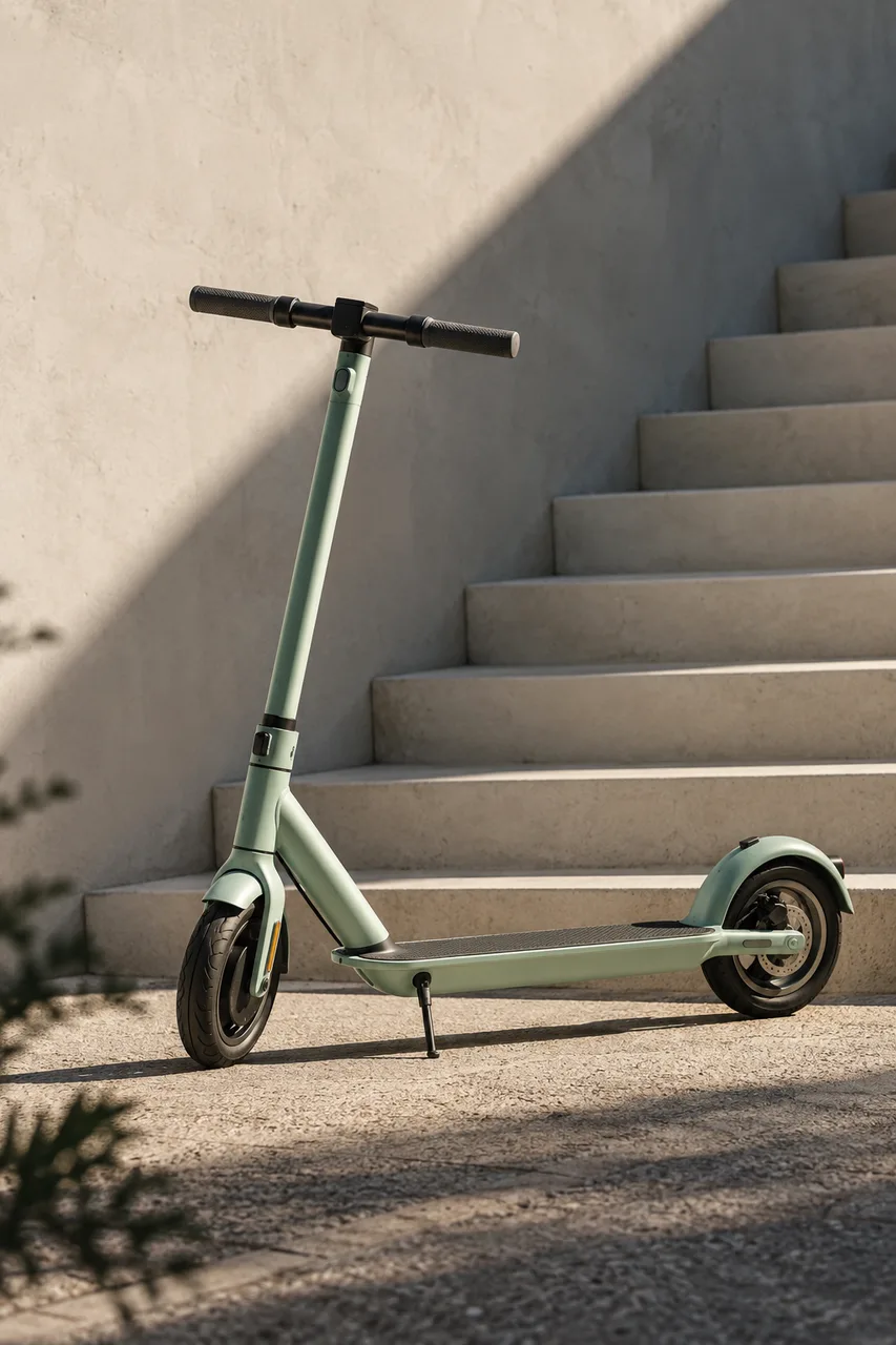 Portrait outdoor campaign photograph of an original unbranded mint electric scooter beside pale concrete steps, warm sunlight and strong diagonal shadows, precise realistic wheel contact and restrained street texture. Cream, mint and charcoal palette, high-end editorial grain, no text or brand geometry.
