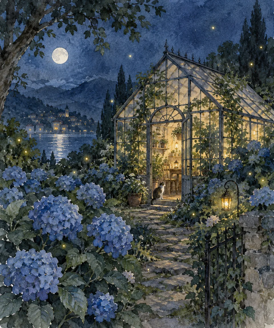 Portrait original watercolor illustration of a glass greenhouse surrounded by blue hydrangeas at night, golden interior light, pale moon and delicate fireflies. Visible paper grain, gentle bleeding pigment, atmospheric blue/green palette, peaceful original storybook aesthetic
