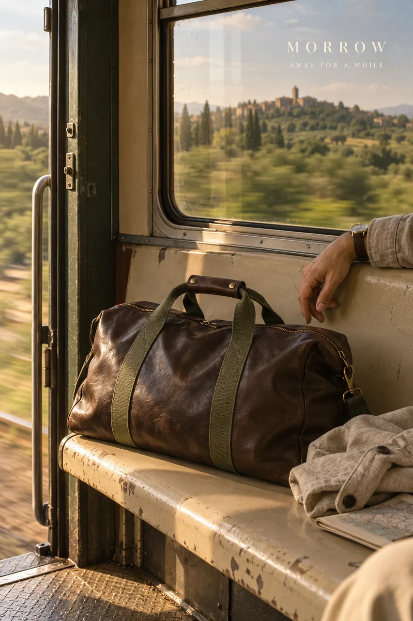 Portrait travel-accessory campaign from an open train compartment doorway. Original dark-chocolate soft leather duffel with sage webbing straps sits on a worn cream bench beside a folded linen jacket, countryside passing in soft blur through window