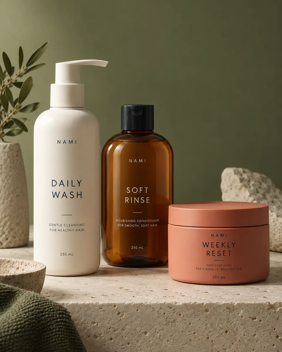 Portrait 4:5 original haircare campaign on matte muted-olive studio background. Three physically grounded packages arranged side by side at staggered depths, not stacked: ivory tall pump bottle DAILY WASH, amber rounded conditioner bottle SOFT RINSE, coral low mask jar WEEKLY RESET