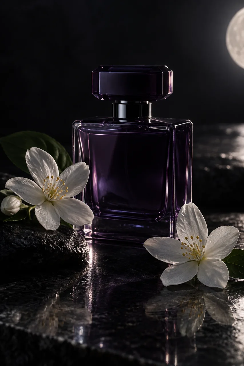 Portrait premium macro photograph of an unbranded dark violet perfume bottle amid two white jasmine blossoms on black reflective stone. Quiet moonlike side light, delicate bottle edge and real petal texture, restrained reflections and fine grain
