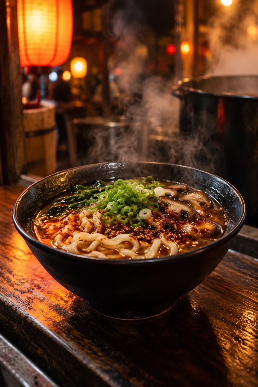 Portrait close food photograph of steaming noodle soup in a matte black bowl on a dark wooden counter. Fine chili oil, scallions and mushrooms, warm lantern reflections, smoky background bokeh and natural irregular noodles