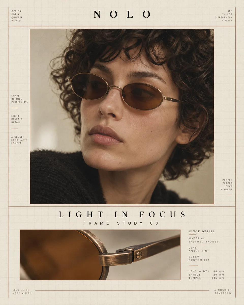 Portrait 4:5 original eyewear magazine poster on warm ivory grid paper. One large sharp photo of an original adult woman with short curls wearing oval brushed-bronze sunglasses with amber lenses, and a smaller horizontal detail crop of the original hinge below