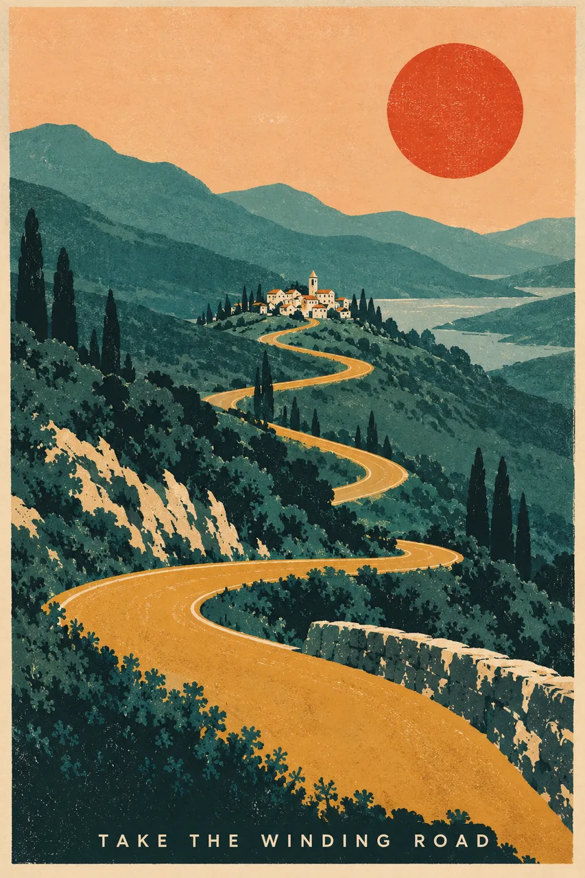 Portrait original travel screenprint poster: ochre switchback road through teal hills toward a tiny white village, pale apricot sky, sun as a vermilion disc. Flat layered shapes, authentic grain and limited inks