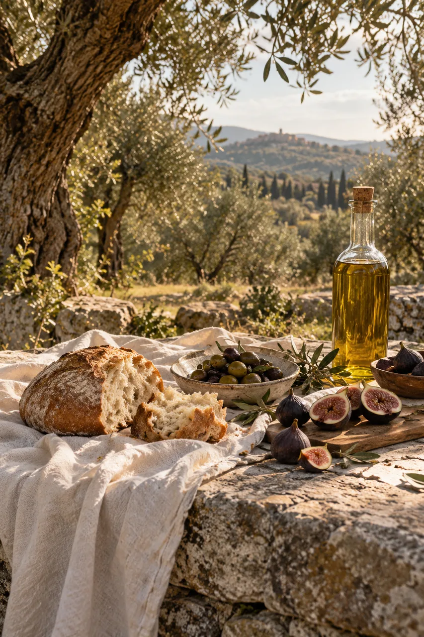 Portrait editorial picnic photo in a fictional olive grove: ivory cloth, fresh bread, figs and an unbranded olive-oil bottle on weathered stone, dappled afternoon sun and soft hills behind. Natural imperfect arrangement, warm analogue grain and authentic food textures
