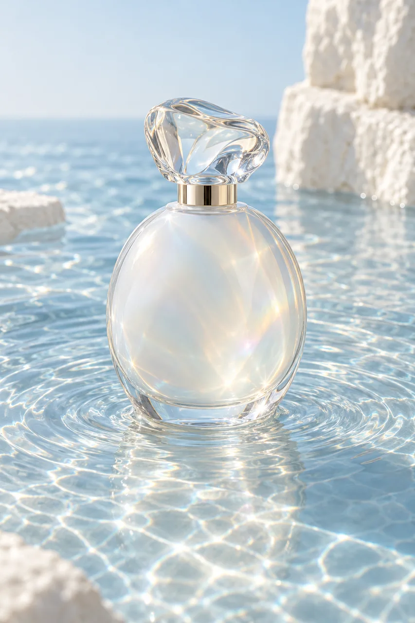 Portrait luxury product photo of an unbranded milky opal perfume bottle with clear sculptural cap standing in shallow pale-blue water. Gentle circular ripples, crisp sunlight caustics and realistic glass refraction, airy tonal palette, restrained editorial negative space