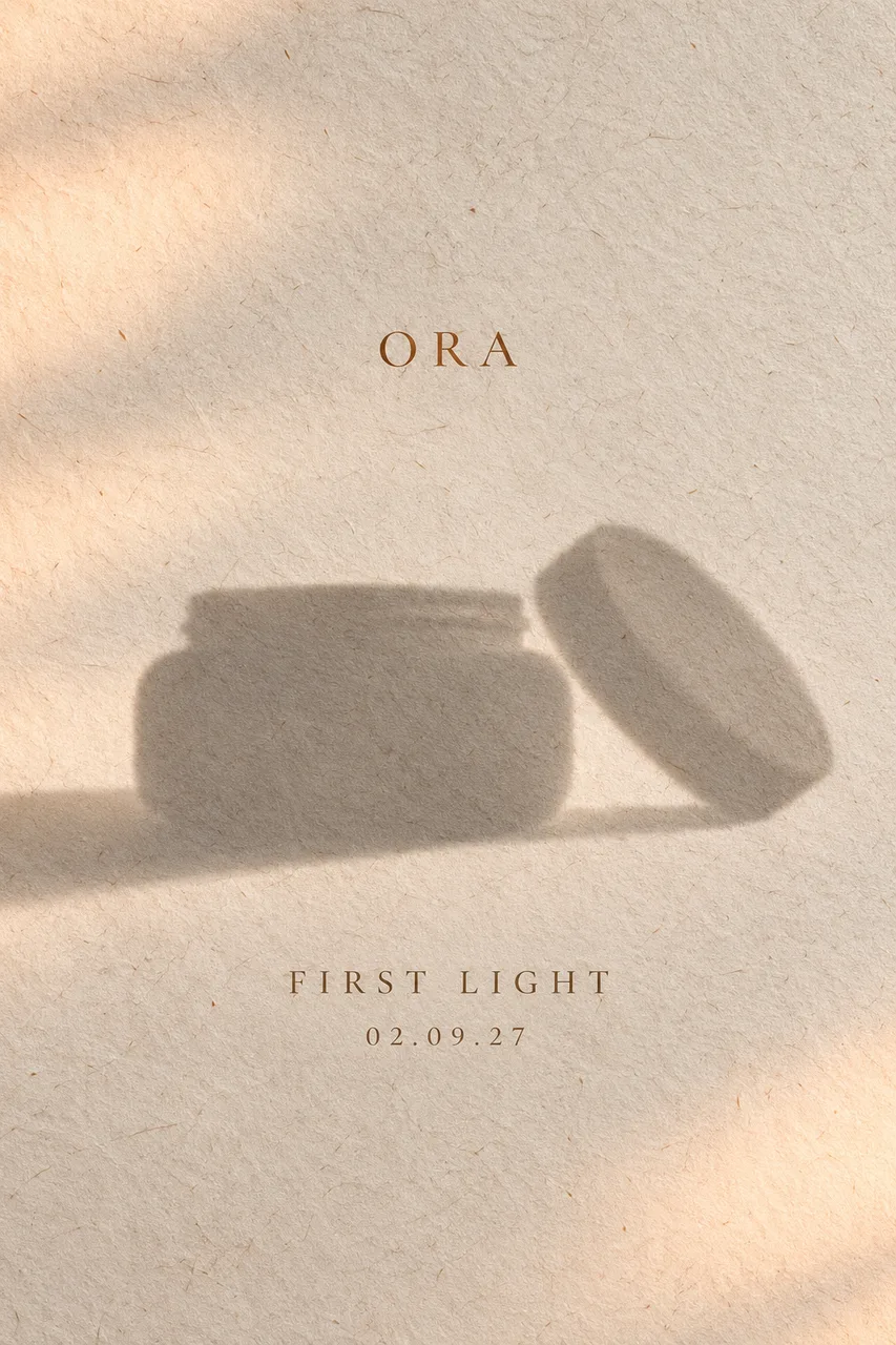 Portrait minimalist skincare teaser on cream handmade paper with visible fibers. Only a soft-edged shadow of an original wide rounded cosmetic jar and offset circular lid, cast horizontally from left by morning sun